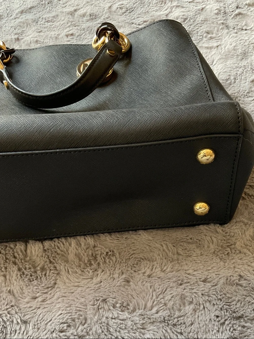 Michael Kors Black Leather Shoulder Tote with Gold Chain Trim